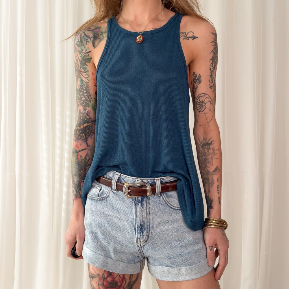 Free People High Neck Tank Top Blue Flowy Boho Lightweight Soft Knit Size S